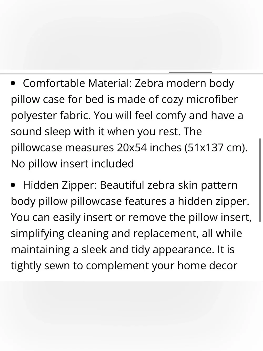 Zebra Print Body Pillow Cover 54x20” BLACK WHITE
